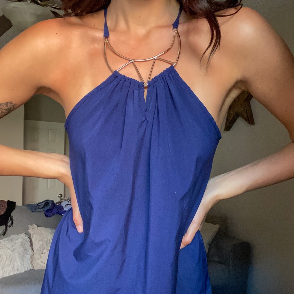 Navy Blue Chiffon Blouse w/ Gold Accent Neckline